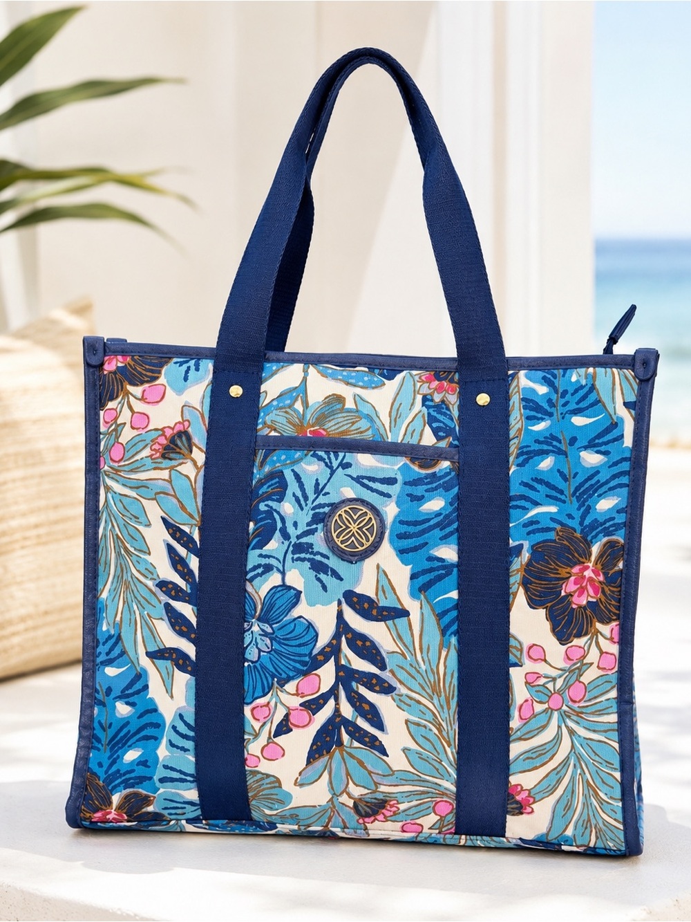 Best Fronds Forever Floral Canvas Zip Top Tote Bag Blue Double Straps